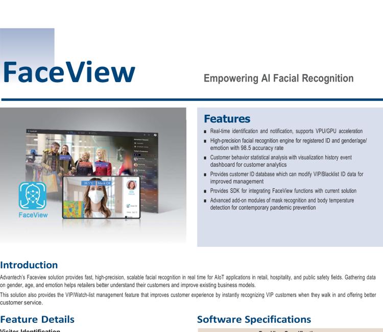 研華FaceView 研華 DeviceOn.FaceView是基于研華 IoT 設(shè)備的人臉識別軟件，支持性別、年齡、情感的數(shù)據(jù)收集，支持VPU/GPU加速。FaceView軟件在最新版本中正確識別率提升到了99.7%，可以支持遮擋檢測，也就是是否正確佩戴口罩，再搭配專業(yè)測溫?cái)z像頭情況下，可以實(shí)現(xiàn)測量體溫。