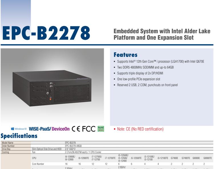 研華EPC-B2278 適配Intel 第12代 Core i 系列處理器，搭載Q670E芯片組。2U高度，精簡(jiǎn)尺寸，性能強(qiáng)勁，是小尺寸高性能場(chǎng)景的理想解決方案。