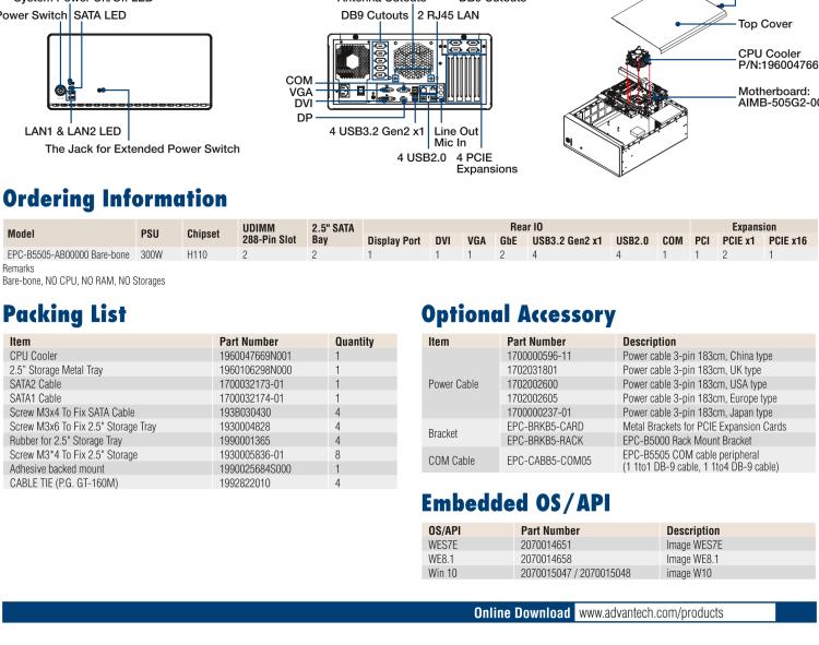 研華EPC-B5505 適配Intel? 第6/7代 Core ? i/Xeon E3系列處理器，搭載H110芯片組。標準4U上架，廣泛適用于各種行業(yè)。