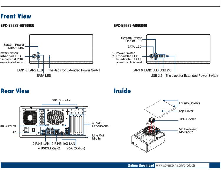 研華EPC-B5587 適配Intel? 第10代 Core i / Xeon W系列處理器，搭載W480E芯片組。標準4U上架，工業(yè)級品質(zhì)，穩(wěn)定可靠。廣泛適用于高端AI服務器等應用。