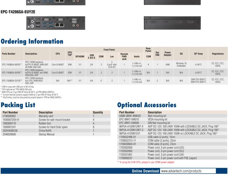 研華EPC-T4286 適配Intel? 第8/9代 Core? i 系列處理器，搭載H310芯片組。1U超薄高度，性能強勁。