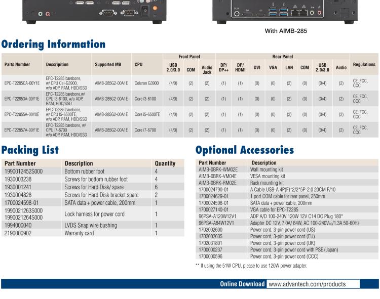 研華EPC-T2285 適配Intel? 第6/7代 Core? i 系列處理器，搭載H110芯片組。1U超薄高度，性能強(qiáng)勁。