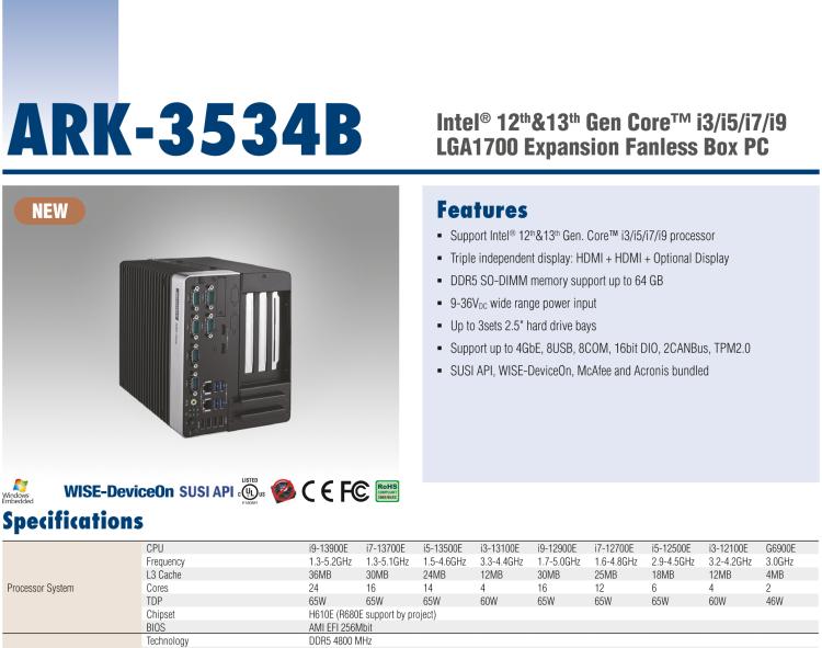 研華ARK-3534B 12th &13th Gen Intel? Core? i3/i5/i7/i9 LGA1700 Expansion Fanless Box PC