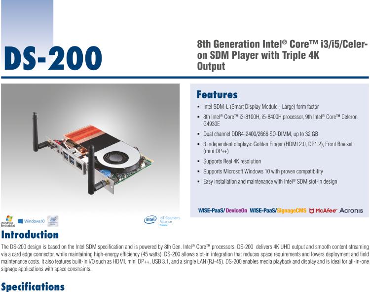 研華DS-200 Intel ? 第八代 Core? i3/i5 SDM，支持4K三顯的數(shù)字標牌播放器