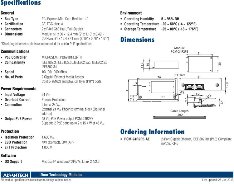 研華PCM-24R2PE 2端口千兆以太網(wǎng)，兼容IEEE 802.3af（PoE），mPCIe，RJ45