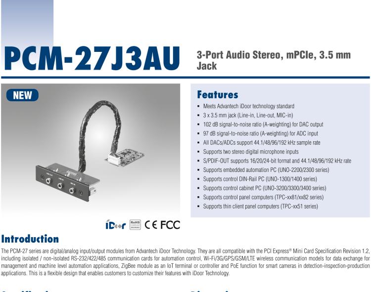 研華PCM-27J3AU 3端口立體聲音頻，mPCIe，3.5毫米插孔
