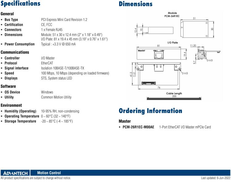 研華PCM-26R1EC 1端口Ethercat IO主站卡(mPCIe)