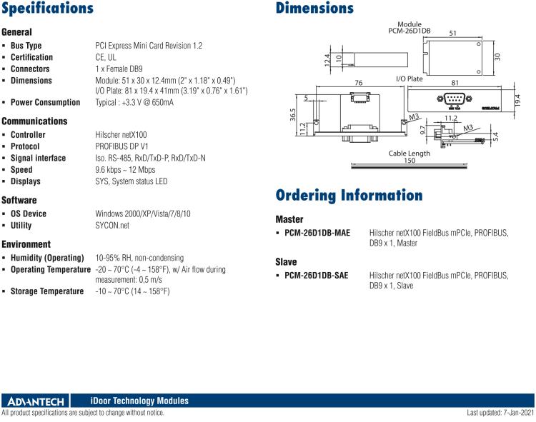 研華PCM-26D1DB 1端口 Hilscher netX100 現(xiàn)場總線 mPCIe，PROFIBUS，DB9