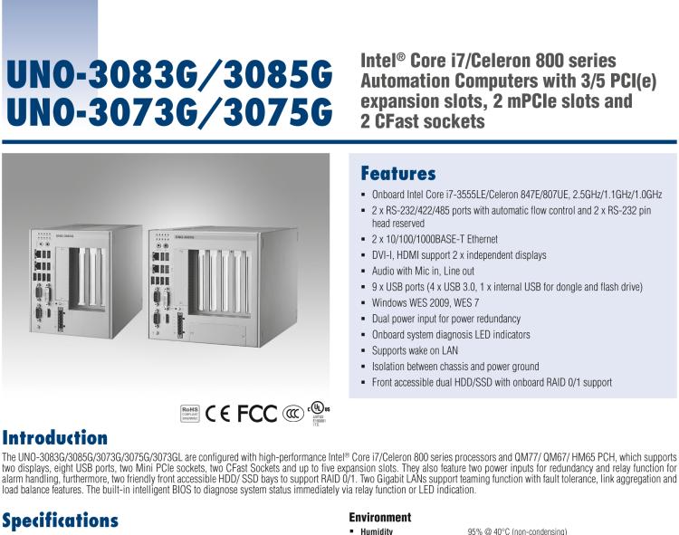 研華UNO-3085G Intel Core i-2655LE嵌入式無風扇工業(yè)電腦，帶5個PCI(e)擴展槽，2個Mini PCIe插槽，2個CFast插槽