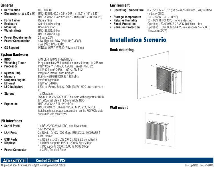 研華UNO-3384G Intel? Core? i7/Celeron控制柜PC，2 x GbE, 2 x mPCIe, HDMI/DP