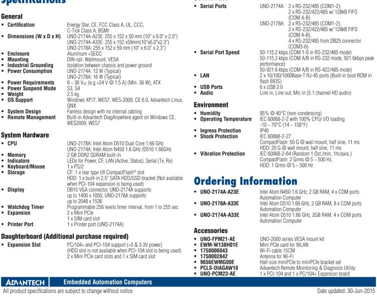 研華UNO-2178A Intel? Atom? D510無風扇嵌入式工業(yè)電腦，6 x USB, 8 x COM, 2 x Mini PCIe