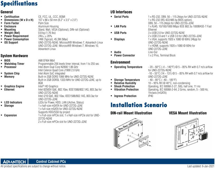 研華UNO-2272G 袖珍型嵌入式工控機(jī)，搭配Intel? Atom?處理器，1 x GbE, 2 x mPCIe, VGA/HDMI