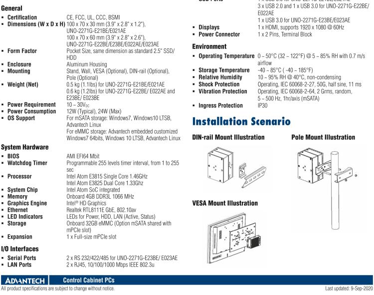 研華UNO-2271G 小型智慧工廠數(shù)據(jù)網(wǎng)關，搭載Intel? Atom?處理器，2 x GbE, 1 x mPCIe, HDMI, eMMC