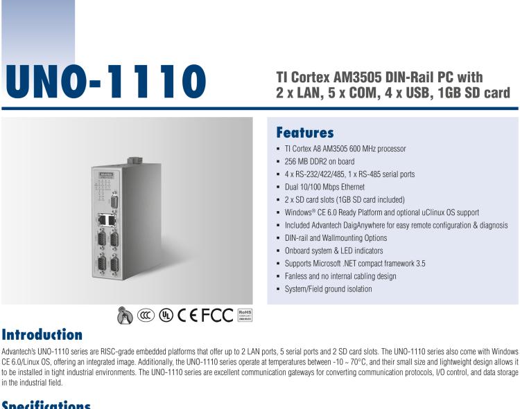 研華UNO-1110 導(dǎo)軌安裝型工業(yè)控制器，搭配TI Coretex AM3505 處理器，2×LAN，5×COM，4×USB，1 GB SD卡