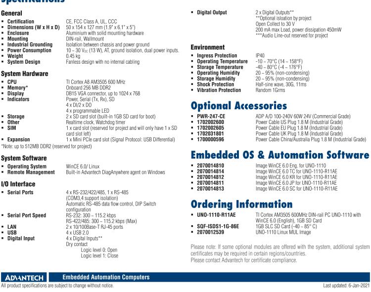 研華UNO-1110 導(dǎo)軌安裝型工業(yè)控制器，搭配TI Coretex AM3505 處理器，2×LAN，5×COM，4×USB，1 GB SD卡