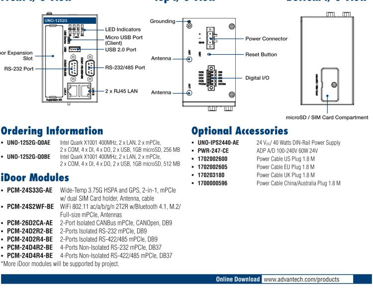研華UNO-1252G 微型導(dǎo)軌安裝工業(yè)物聯(lián)網(wǎng)網(wǎng)關(guān)，搭配英特爾? Quark? 微控制器，2×LAN，2×mPCIe，2×COM，8×DI/O，2×USB，1×1GB microSD card，1×SIM