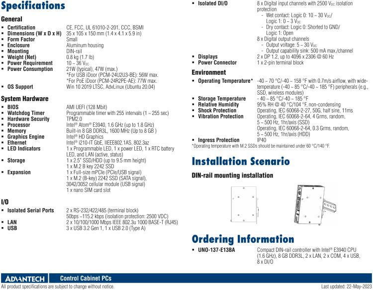 研華UNO-137 DIN導(dǎo)軌控制器，配備Intel?Atom?E3940 CPU、2個(gè)LAN、2個(gè)COM、3個(gè)USB 3.0、1個(gè)USB 2.0、2個(gè)DP 1.2、8個(gè)DI、8個(gè)DO、1個(gè)M.2、1個(gè)mPCIe、TPM 2.0