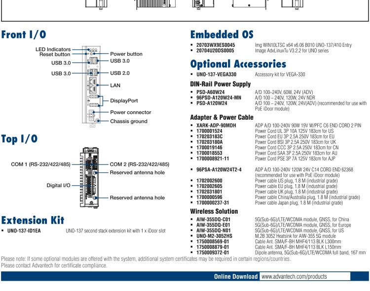 研華UNO-137 DIN導(dǎo)軌控制器，配備Intel?Atom?E3940 CPU、2個(gè)LAN、2個(gè)COM、3個(gè)USB 3.0、1個(gè)USB 2.0、2個(gè)DP 1.2、8個(gè)DI、8個(gè)DO、1個(gè)M.2、1個(gè)mPCIe、TPM 2.0
