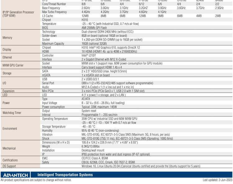 研華ITA-460G Intel? 8th/9th Gen Core? i CPU 防水無風(fēng)扇車載 AI 計(jì)算單元