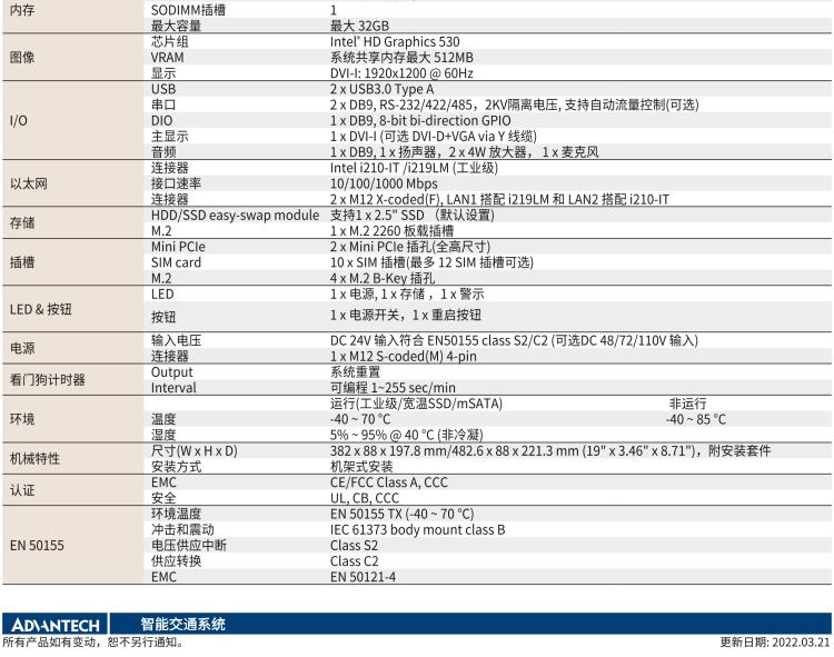 研華ITA-5231W 英特爾?第六代酷睿?i處理器無風(fēng)扇系統(tǒng)；符合EN 50155的鐵路應(yīng)用