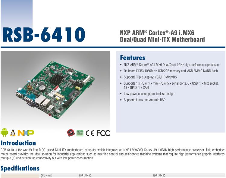 研華RSB-6410 基于NXP ARM Cortex-A9 i.MX6 Dual/Quad 的Mini-ITX工業(yè)主板， 支持Linux Yocto/Android