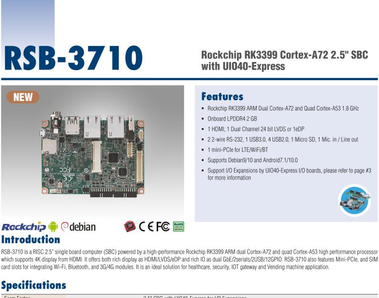 研華RSB-3710 Rockchip RK3399 Cortex-A72 2.5" 單板電腦，帶 UIO40-Express擴(kuò)展