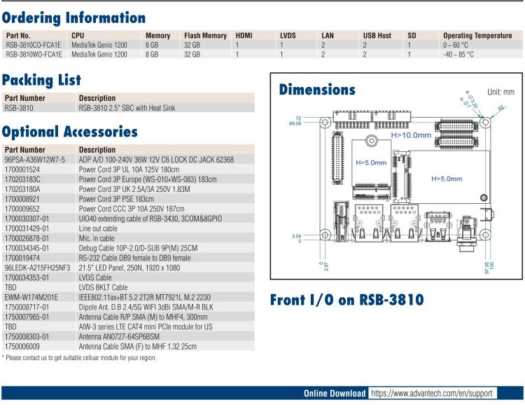 研華RSB-3810 基于聯(lián)發(fā)科Genio 1200 Cortex-A78&A55 平臺(tái)的2.5" 單板電腦, 支持 UIO40-Express擴(kuò)展