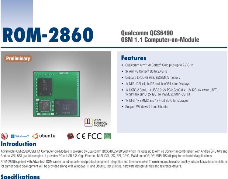 研華ROM-2860 Qualcomm QCS6490 OSM 1.1 Computer-on-Module