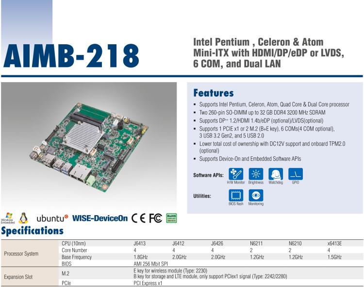 研華AIMB-218 板載Intel? 第8代 奔騰/賽揚(yáng)/凌動(dòng)系列處理器。支持獨(dú)立三顯，超薄緊湊，無風(fēng)扇設(shè)計(jì)，支持寬溫。