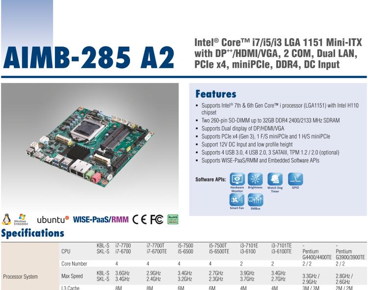 研華AIMB-285 適配Intel? 第6/7代 Core? i 處理器，搭載H110芯片組。超薄緊湊，是理想的高性價比解決方案。