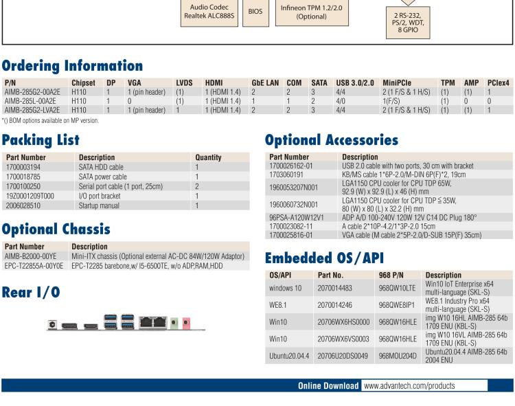 研華AIMB-285 適配Intel? 第6/7代 Core? i 處理器，搭載H110芯片組。超薄緊湊，是理想的高性價比解決方案。