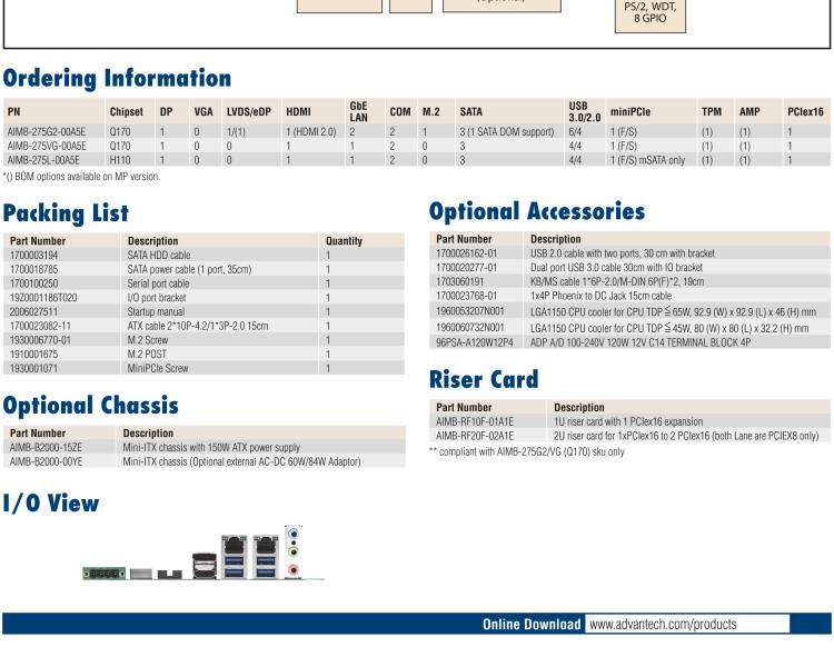 研華AIMB-275 適配Intel? 第6/7代 Core? i 處理器，搭載Intel Q170/H110芯片組。性能強勁，接口豐富。