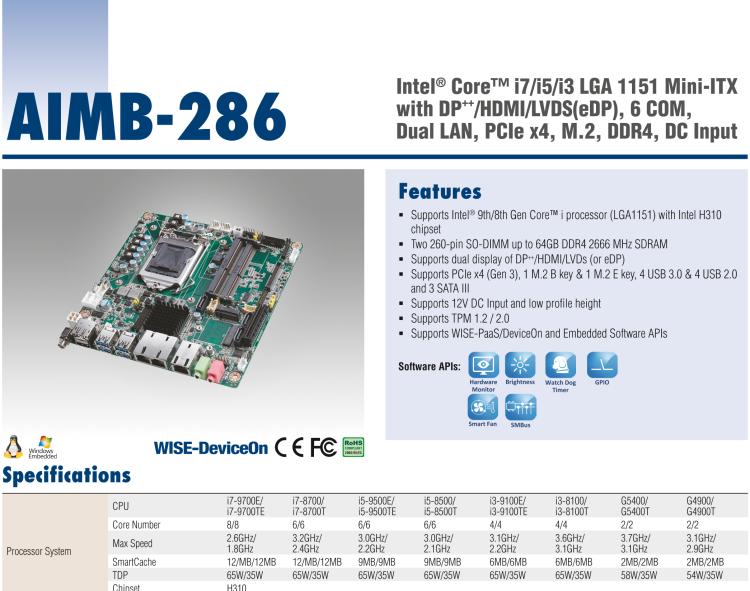 研華AIMB-286 Intel? 第8/9代 Core? i 系列處理器，搭載Intel H310芯片組。超薄設(shè)計(jì)，結(jié)構(gòu)緊湊。