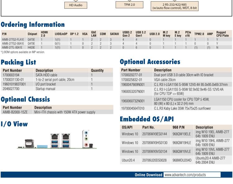 研華AIMB-277 適配Intel? 第10代 Core? i 系列處理器，搭載Q470E芯片組。性能強(qiáng)勁，適用于高端應(yīng)用領(lǐng)域。