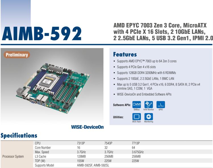 研華AIMB-592 適配AMD EPYC 7003系列處理器。性能達(dá)到服務(wù)器級(jí)別，4路PCIe x16滿足各類拓展需求，可做小型工作站、小型視覺(jué)圖像處理服務(wù)器使用。