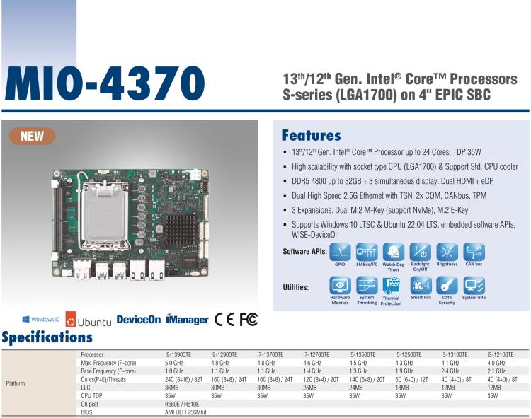 研華MIO-4370 基于第12代Intel Core處理器（Alder Lake-S系列，LGA1700 socket CPU）， 4" EPIC 單板電腦