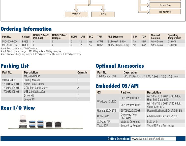 研華MIO-4370 基于第12代Intel Core處理器（Alder Lake-S系列，LGA1700 socket CPU）， 4" EPIC 單板電腦