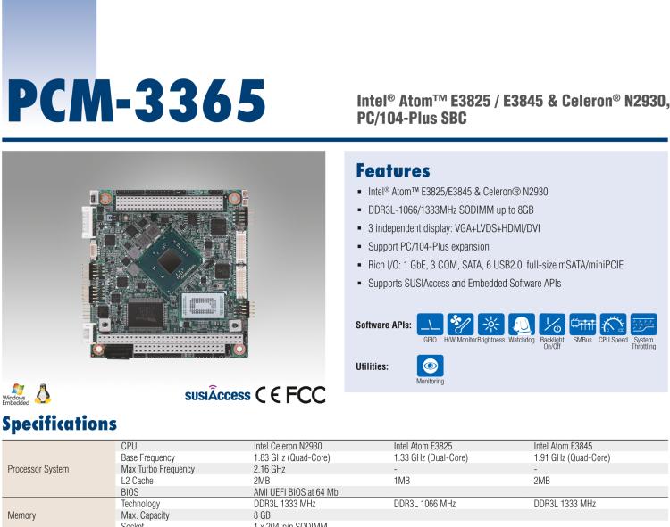 研華PCM-3365 英特爾第四代凌動?Atom?E3825 / E3845＆賽揚(yáng)?N2930，PC / 104-Plus嵌入式主板，ISA，VGA，HDMI / DVI，LVDS，6 USB，mSATA或板載SSD