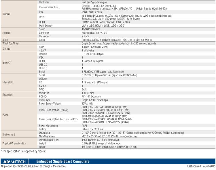 研華PCM-9365 第四代ATOM PCI-104 3.5寸主板, 搭載E3825，N2930 CPU，2GB/4GB內(nèi)存在板，VGA, 18/24-bit LVDS, 2GbE, Mini PCIe, PCI-104, iManager