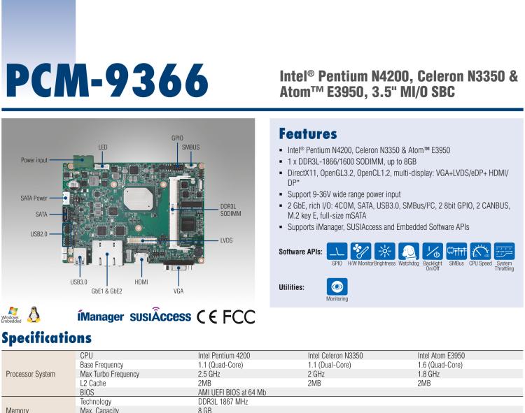 研華PCM-9366 Intel 第六代Atom?奔騰N4200賽揚(yáng)N3350，3.5寸單板電腦