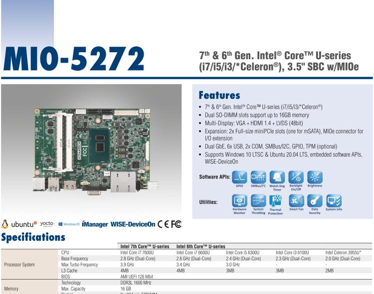 研華MIO-5272 第六/七代 Intel Core-U系列 超極本CPU 低功耗3.5寸單板電腦