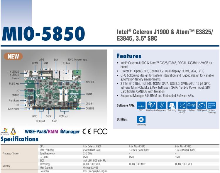 研華MIO-5850 Intel賽揚(yáng)J1900和Atom?E3825 / E3845,3.5“MI / O-Compact SBC，板載DDR3L，3GbE，iManager 3.0,16位GPIO，CANBUS，板載eMMC，12V / 24V電源輸入