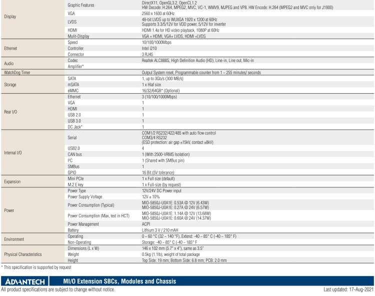 研華MIO-5850 Intel賽揚(yáng)J1900和Atom?E3825 / E3845,3.5“MI / O-Compact SBC，板載DDR3L，3GbE，iManager 3.0,16位GPIO，CANBUS，板載eMMC，12V / 24V電源輸入