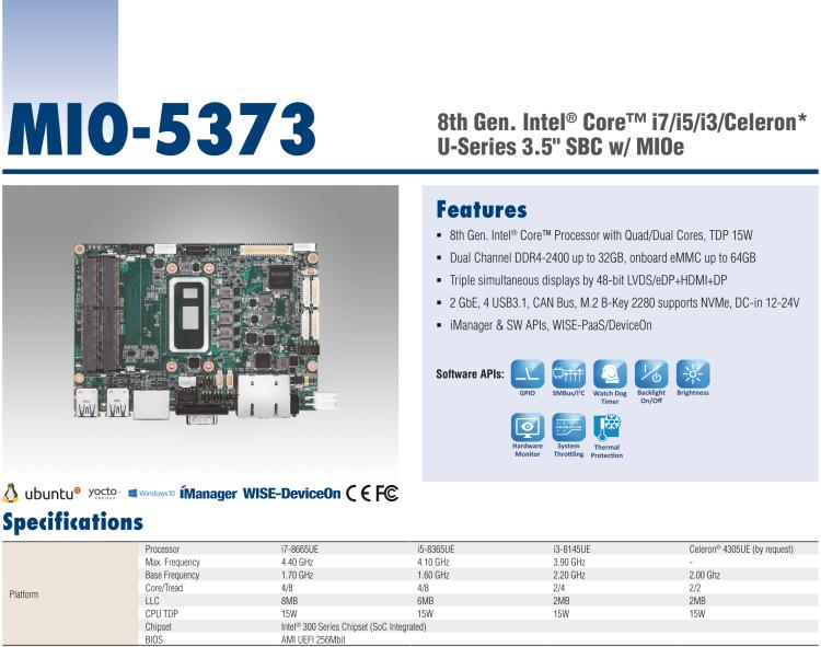 研華MIO-5373 第八代 Intel 低功耗高性能 超極本CPU 3.5寸嵌入式單板，性能提升40%