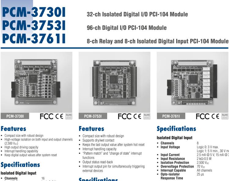 研華PCM-3730I PCI-104，2通,32通道隔離數(shù)字輸入/輸出卡