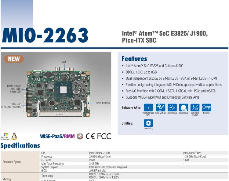 研華MIO-2263 2.5寸Pico-ITX主板，搭載Intel? Atom? SoC E3825/ J1900處理器的2.5寸Pico-ITX單板電腦，采用DDR3L內(nèi)存，支持24-bit LVDS + VGA/HDMI獨(dú)立雙顯，帶有豐富I/O接口：1個(gè)GbE、半長Mini PCIe、4個(gè)USB、2個(gè)COM、SMBus、mSATA & MIOe