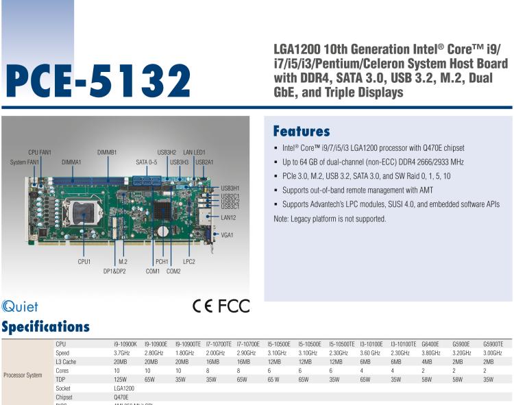 研華PCE-5132 LGA1200 10th Generation Intel? Core? i9/i7/i5/i3/Pentium/Celeron System Host Board with DDR4, SATA 3.0, USB 3.2, M.2, Dual GbE, and Triple Displays