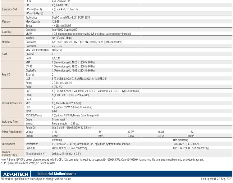 研華AIMB-787 LGA1200 10th Generation Intel? Core? i9/i7/i5/i3 & Pentium?/Celeron? ATX with DP/DVI/VGA, DDR4, USB 3.2, M.2