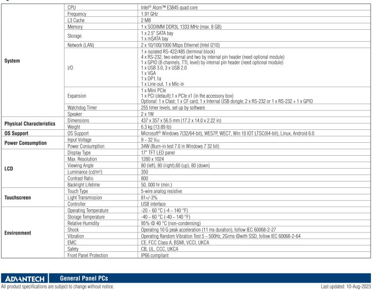 研華PPC-3170-RE4BE 17" 無風扇工業(yè)平板電腦, 搭載 Intel? Atom? E3845 四核心處理器