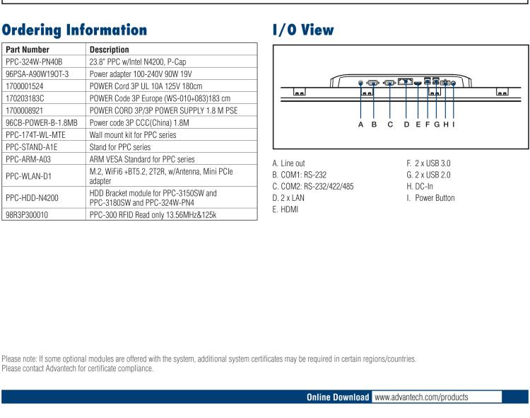 研華PPC-324W-PN40B 23.8" 寬屏無風(fēng)扇工業(yè)平板電腦, 搭載Intel? Pentium? N4200 四核心處理器